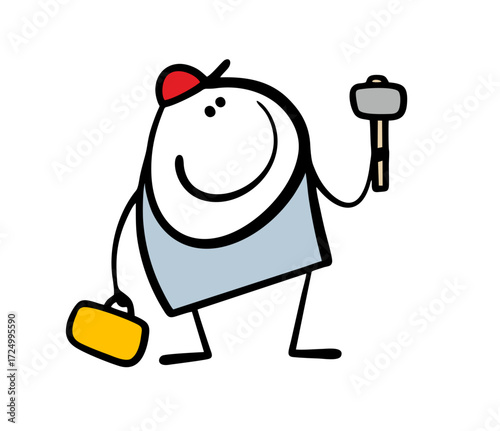 Funny cartoon stickman from the repair service holds a hammer and a briefcase with tools. Vector illustration of a master repairing appliances, furniture, and cars.