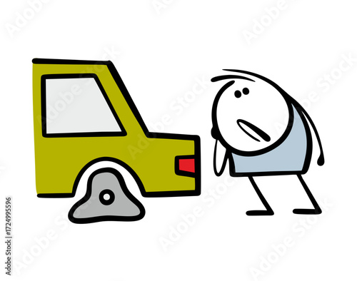 Cartoon frustrated driver looks at the flat tire. Vector illustration of a breakdown in a car. The tire deflated, stickman suffers, calls the repair service.