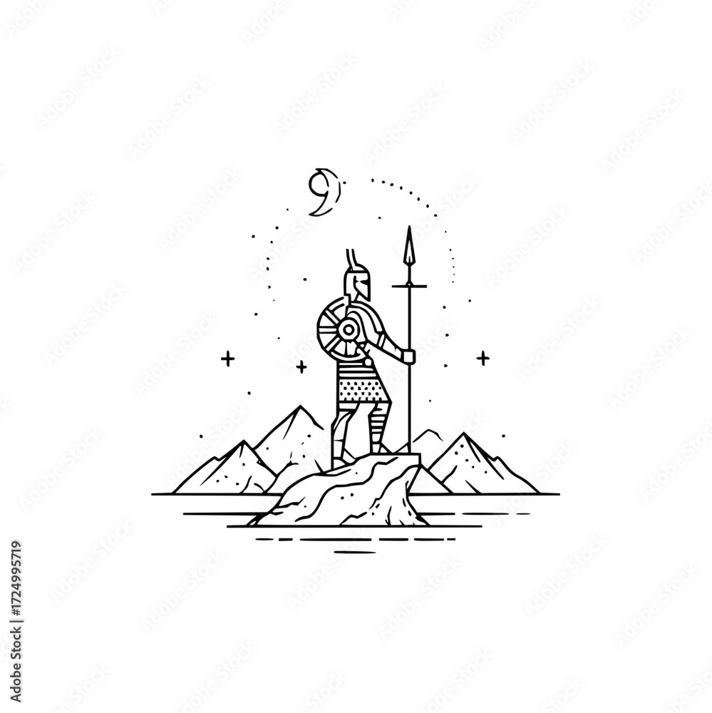 Naklejka premium A warrior stands guard on a rocky peak with spear and shield under crescent moon and starry sky landscape view