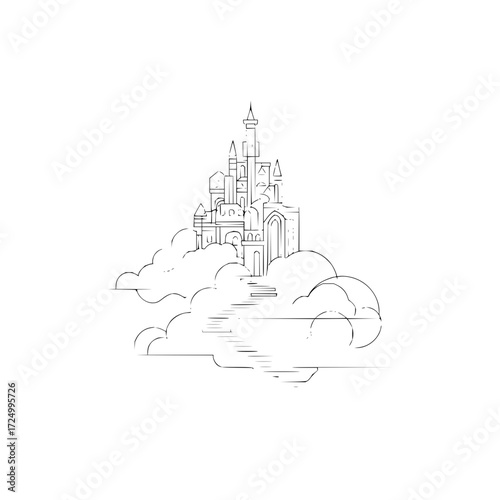 A whimsical castle sits atop fluffy clouds with steps leading up to it in a minimalist line drawing style