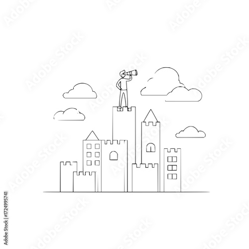 A person stands atop a castle tower looking through a telescope with clouds in the background outline art