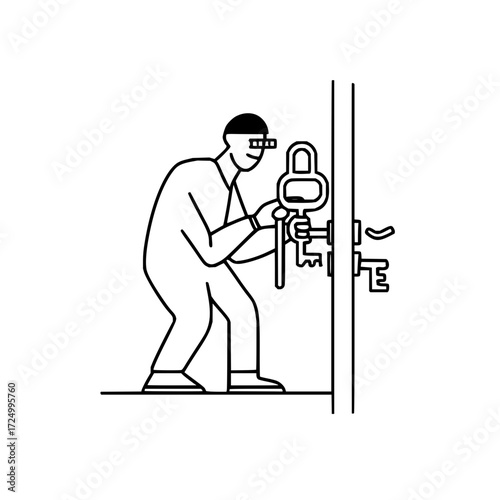 Man with beanie trying to unlock a door with a large novelty key and other keys hanging down shown
