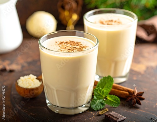 Two eggnog drinks on a dark surface