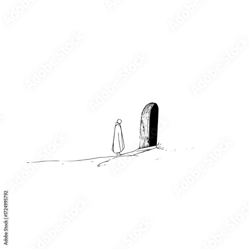 A cloaked figure approaches a dark doorway on a minimalist landscape in a monochrome illustration style