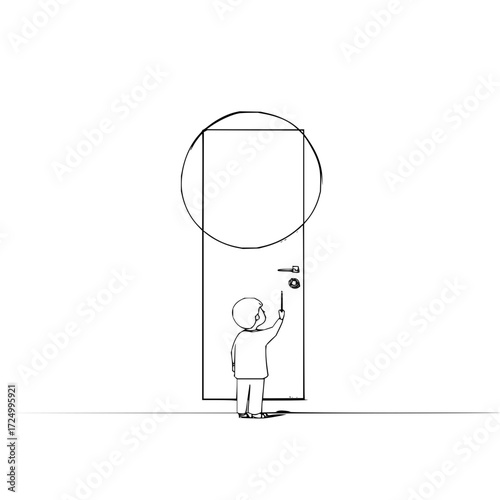 A small child reaching for a door knob with a circle above the door in a simple line drawing