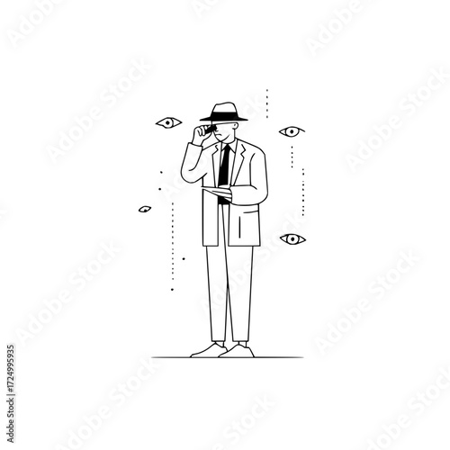 Man in suit and hat looking through glasses surrounded by floating eyes in a minimalist black and white style