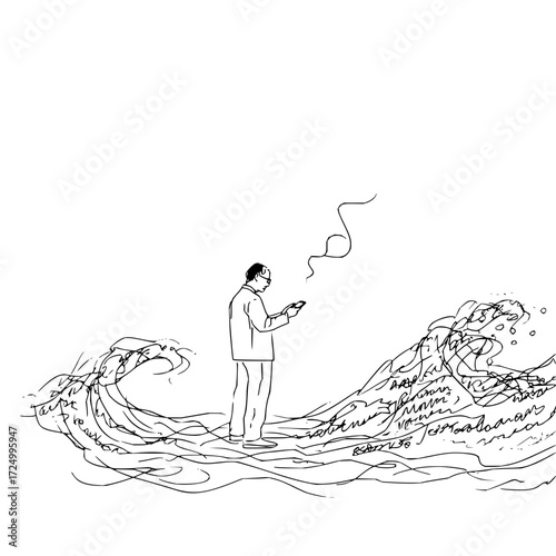 A person standing on a wave of text while looking at a phone with a speech bubble above their head