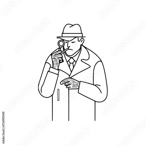 Detective with tattoos inspecting with a magnifying glass in a black and white line drawing style image