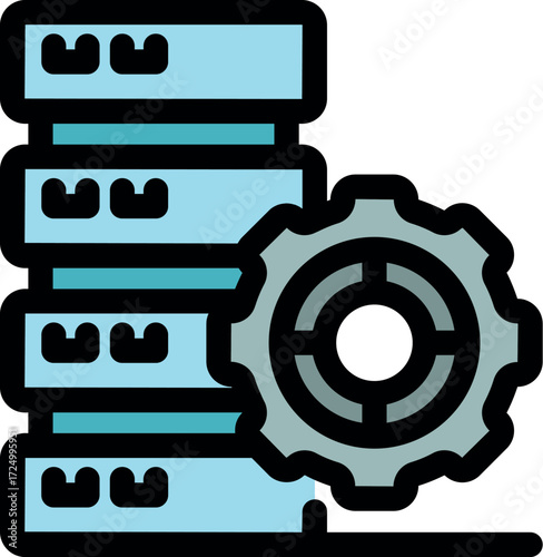 Server rack optimization with gear icon, symbolizing data center maintenance, configuration, and performance enhancement