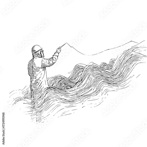 Illustration of a person in protective suit pointing towards mountains over a wavy line pattern landscape