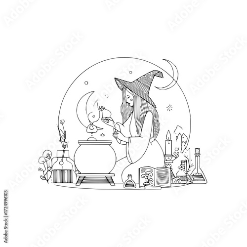 A witch is brewing a potion in a cauldron with various ingredients and tools in a magical setting scene