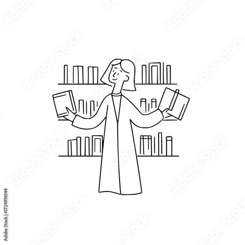 Woman standing in front of a bookshelf holding two books in a minimalistic line art style illustration