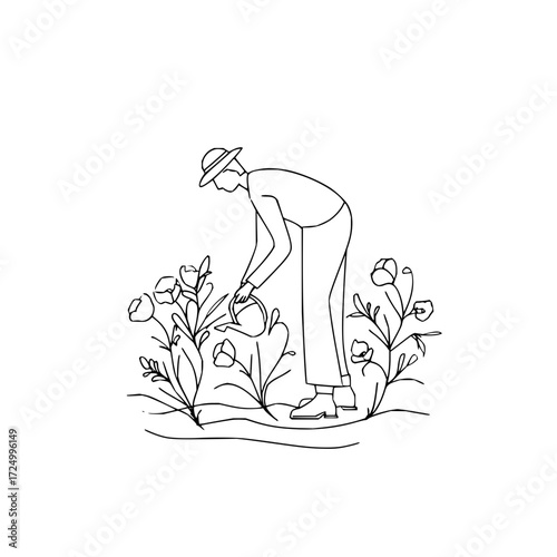 A person wearing a hat is watering flowers in a garden with a watering can in a simple line drawing style