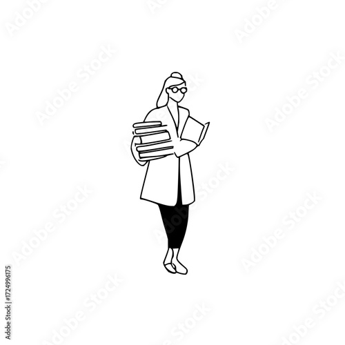 A woman in a coat and glasses holding a stack of books and reading a book in a simple line drawing