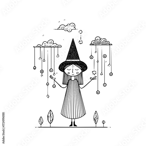Illustration of a whimsical witch with clouds and dangling shapes in a black and white line drawing style