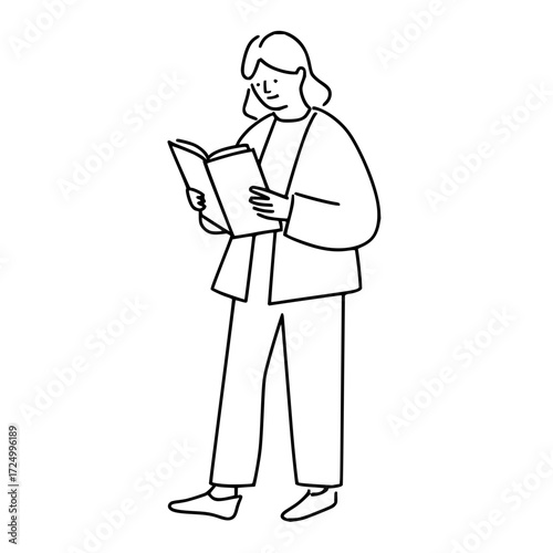 Woman standing and reading a book with simple line art in a minimalist style illustration vector design