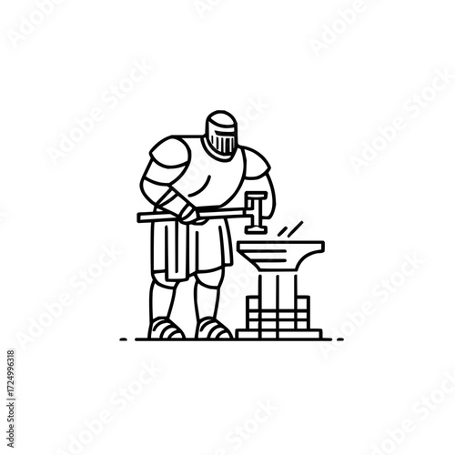 Illustration of a blacksmith in armor working at an anvil with a hammer in a line art style design