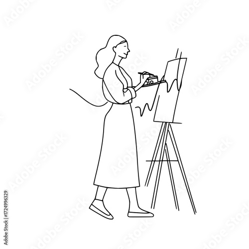Line drawing of a woman artist painting on a canvas standing on an easel in a minimalist style art