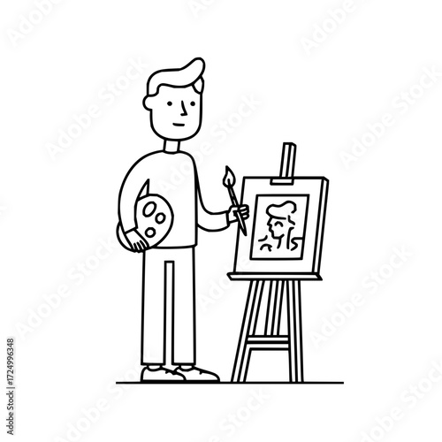 A cartoon artist stands before an easel painting a portrait with a brush and holding a palette tool