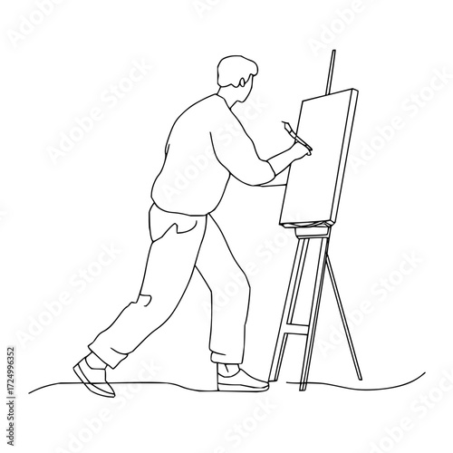 A person is drawing on a canvas that is supported by a stand in a black and white line drawing style