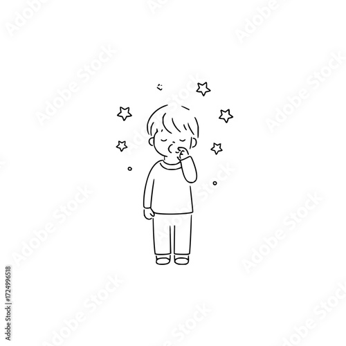 A sleepy child yawning surrounded by stars in a simple black and white line drawing illustration style