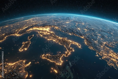 Nighttime satellite view of Italy and surrounding areas, showcasing city lights illuminating the Mediterranean coastline and inland regions against a dark space backdrop