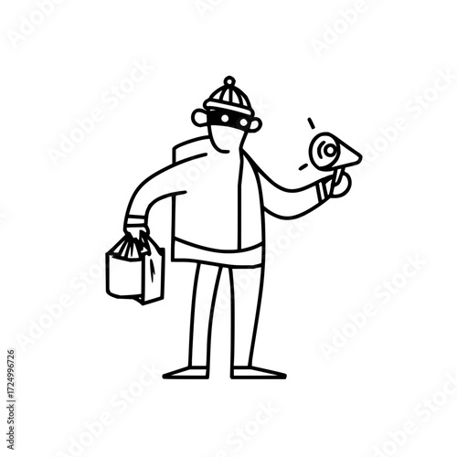 A cartoon thief in a mask and hat holding a bag and a megaphone in a black and white outline style