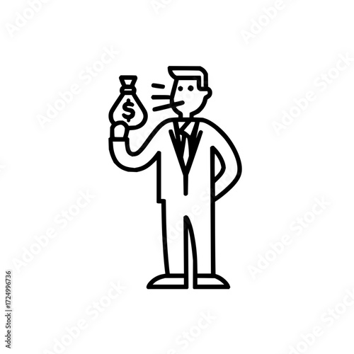 A businessman in a suit holding a money bag with a dollar sign and speaking with lines from his mouth