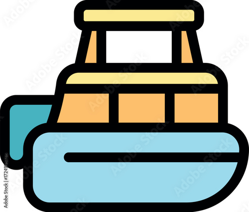Passenger ferry boat floating on water, featuring a canopy for shade and passenger comfort