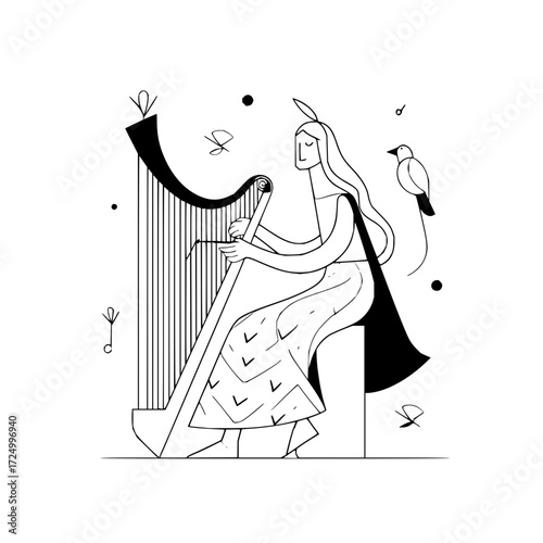 Woman playing harp with bird and abstract elements in a minimalist black and white line drawing style