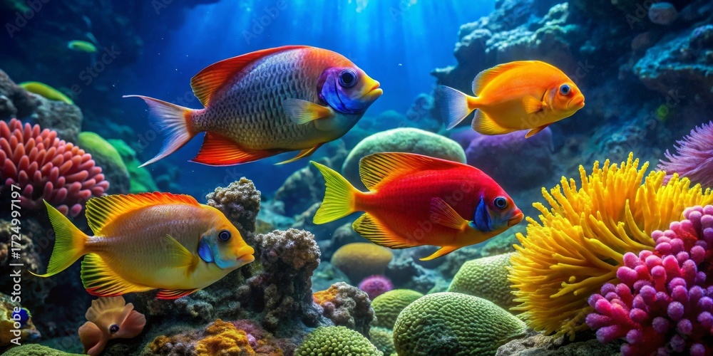 Fototapeta premium Vibrant Reef Inhabitants A Colorful Underwater Scene Showcasing Exquisite Tropical Fish and Lush Coral Formations