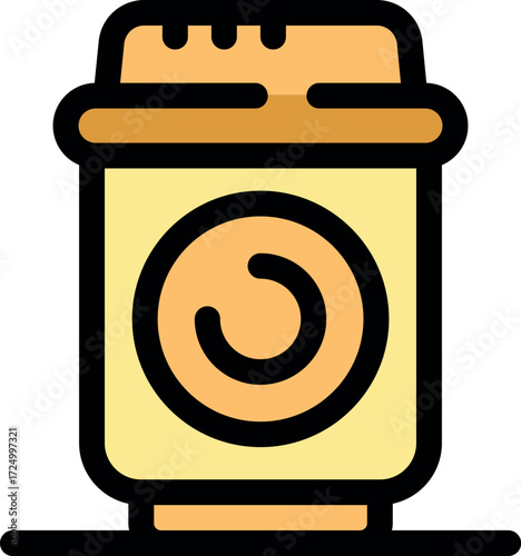 Yellow disposable coffee cup with brown lid and coffee bean logo, placed on a surface, representing takeaway beverages