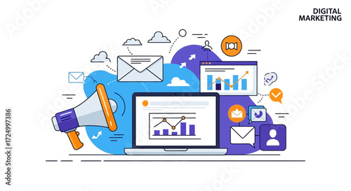 Digital marketing concept with megaphone, laptop displaying charts, emails, and user icons, representing online promotion and analytics.