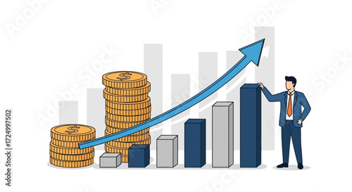 A businessman stands next to a rising bar chart and stacks of gold coins, symbolizing financial growth, profit, and investment success.