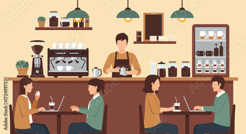 People working and enjoying coffee in a modern, cozy cafe with a barista preparing drinks behind the counter.