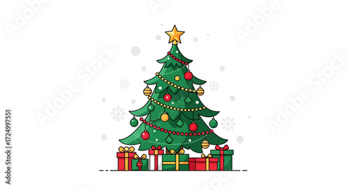 Festive illustration of a decorated Christmas tree with ornaments, a star, and wrapped presents.