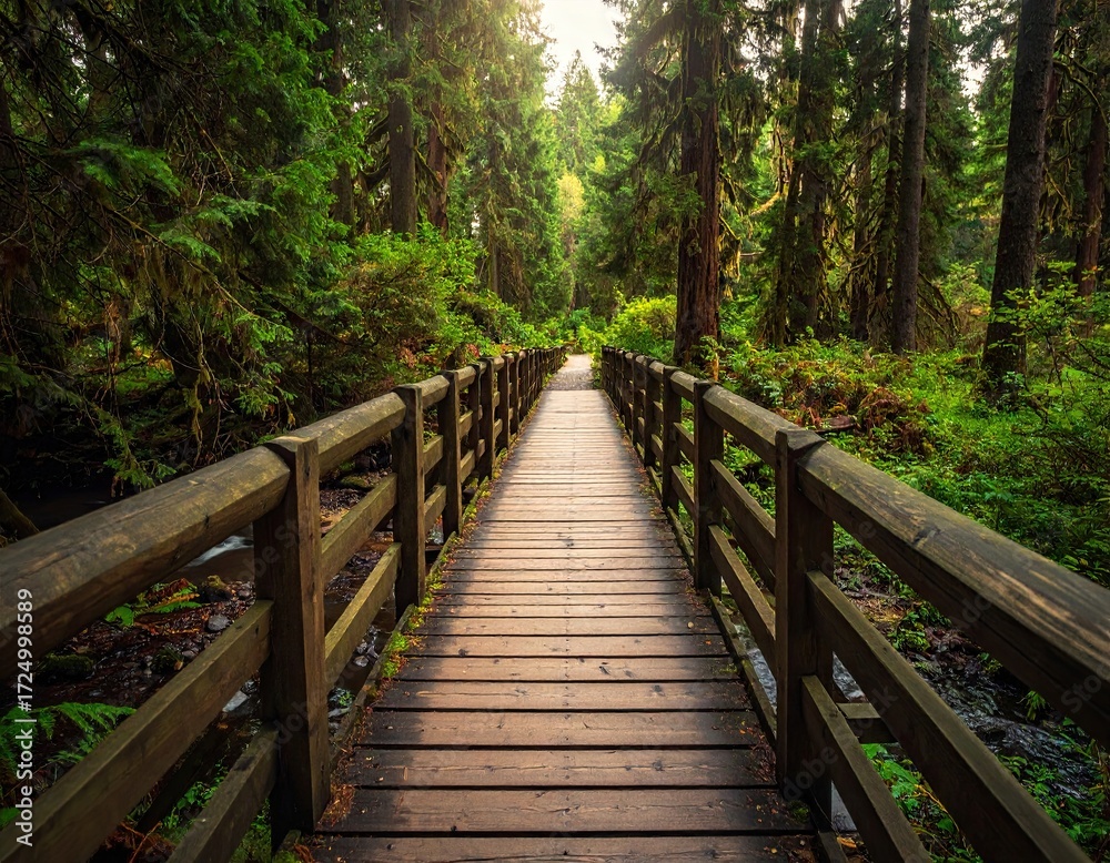 Obraz premium Wooden Footbridge Through Lush Green Forest