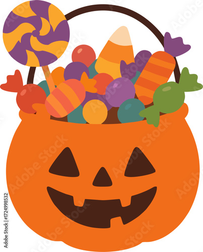 Halloween pumpkin basket full of candies and sweets on transparent background