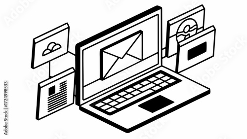 Modern laptop showing email and cloud storage icons, symbolizing digital communication and data management
