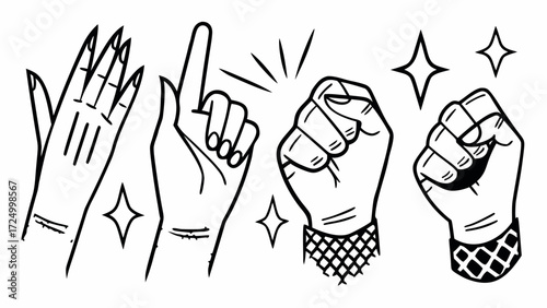 Monochrome Hand Gestures Collection Dynamic Doodle Vector Art Featuring Clapping, Pointing Finger, and Powerful Fists Representing Diverse Communication and Empowerment