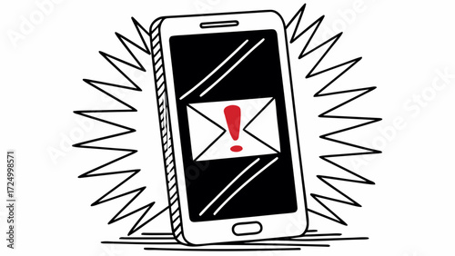 Smartphone receiving an important alert with an exclamation mark and envelope icon