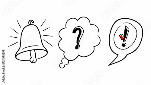Set of simple hand-drawn icons representing a ringing bell, a question mark in a thought bubble, and an exclamation mark in a speech bubble