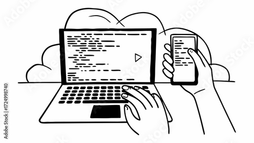 Illustration of hands typing on a laptop with code displayed, and a smartphone in the other hand, suggesting digital work and programming