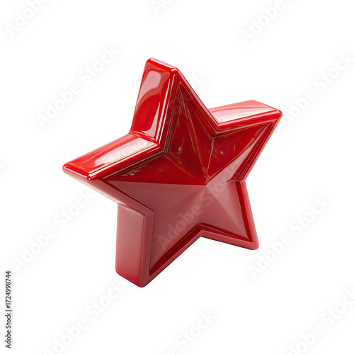 A glossy, three-dimensional red star, angled slightly, with a high-shine finish and distinct facets