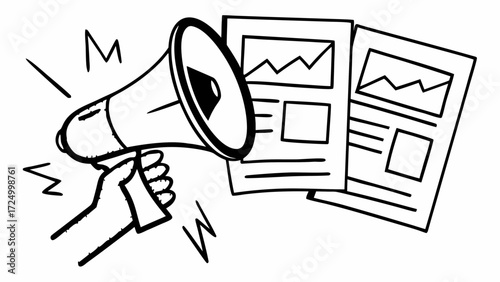 Illustration of a Hand Holding a Megaphone Announcing News With Charts and Graphs
