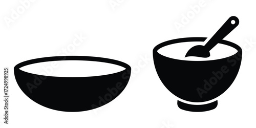 Vector set of empty and filled bowl icon. Clean silhouette of kitchen bowls for digital menu cards or posters.
