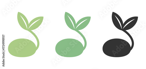 Set of Sprouting Seed Illustrations – Flat Vector Design in Soft Green, Dark Green, and Black for Eco-Friendly and Organic Concepts