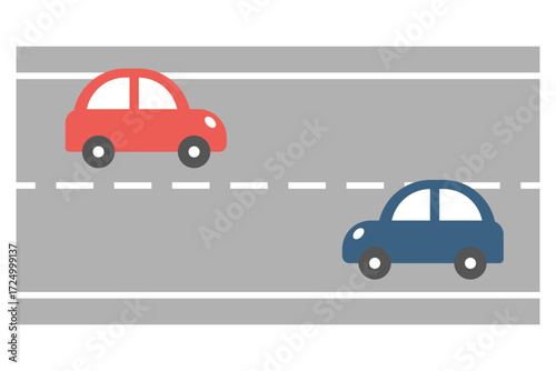 赤と紺色の自動車のイラスト。フラットベクターデザインで左車線走行の交通、道路、都市街路に最適。