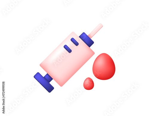 Illustration of a medical injection and a blood drop symbol. Medical equipment, health. 3D style design. Symbol, icon, element, white background.