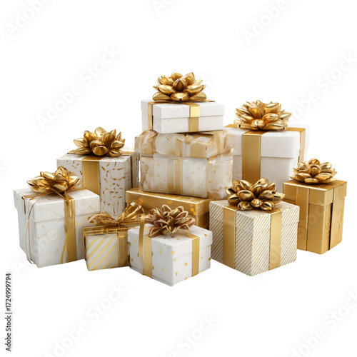 Elegant stack of festive white and gold gift boxes tied with golden ribbons and bows, ideal for Christmas promotions, birthday celebrations, and luxurious holiday campaigns
